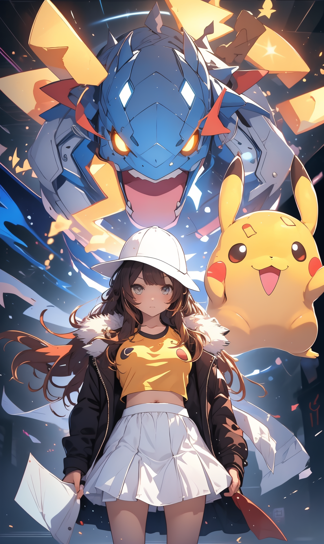 02476-2840147775-(masterpiece_1.2), best quality,PIXIV ,  taoist, she is standing in front of yellow glowing giant pikachu,transparent,pikapoke.png